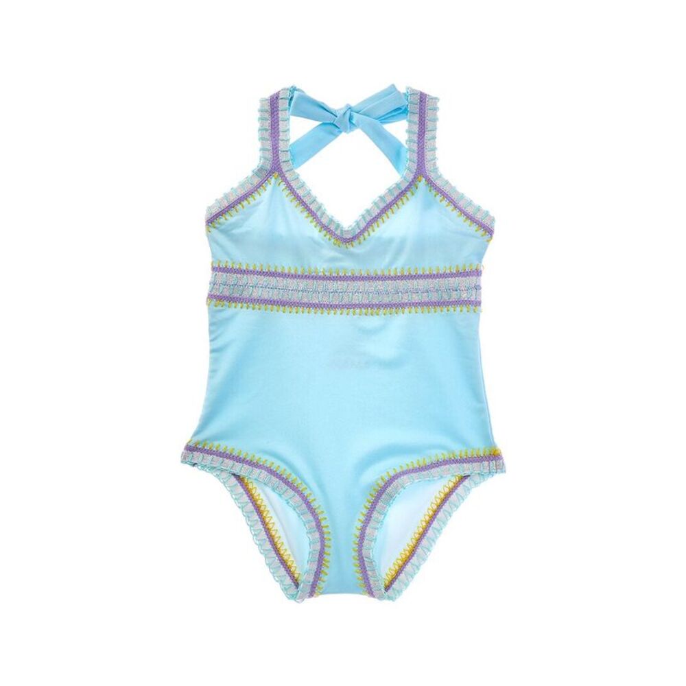 PQ Swim Light Blue Girls One-Piece Swimsuit with Purple Trim